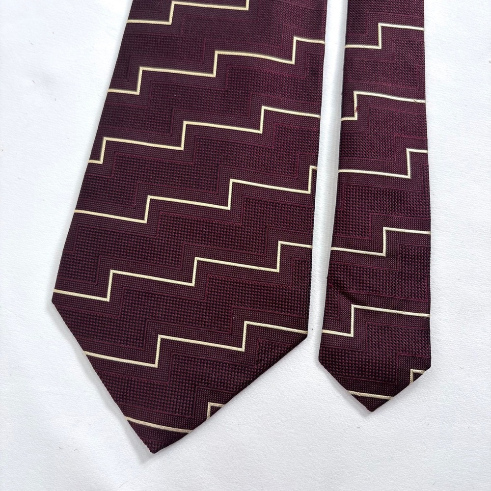 Polo Ralph Lauren Silk Necktie Burgundy Geometric Stepped Line Wide 4" x 54" Tie